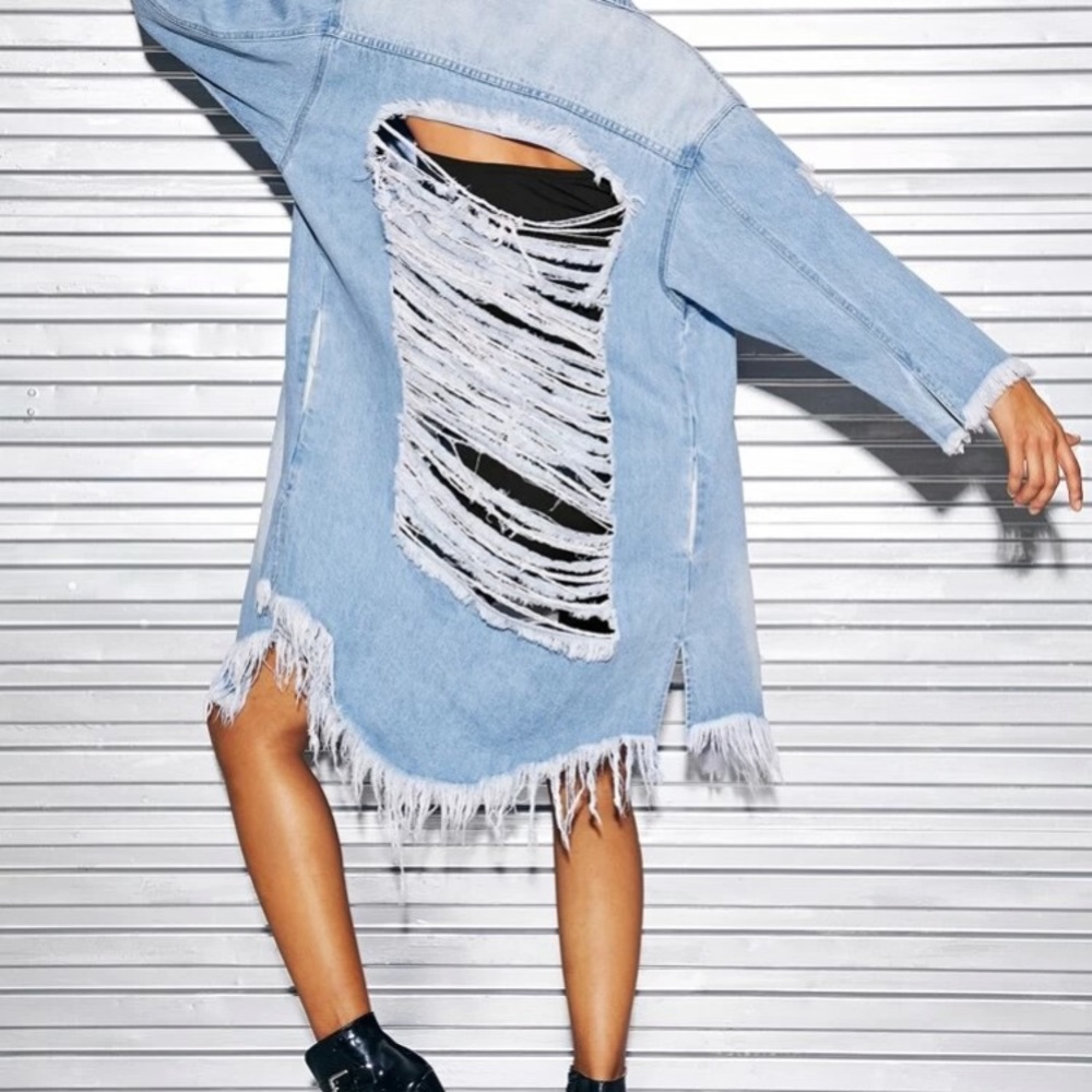 Long distressed jean jacket